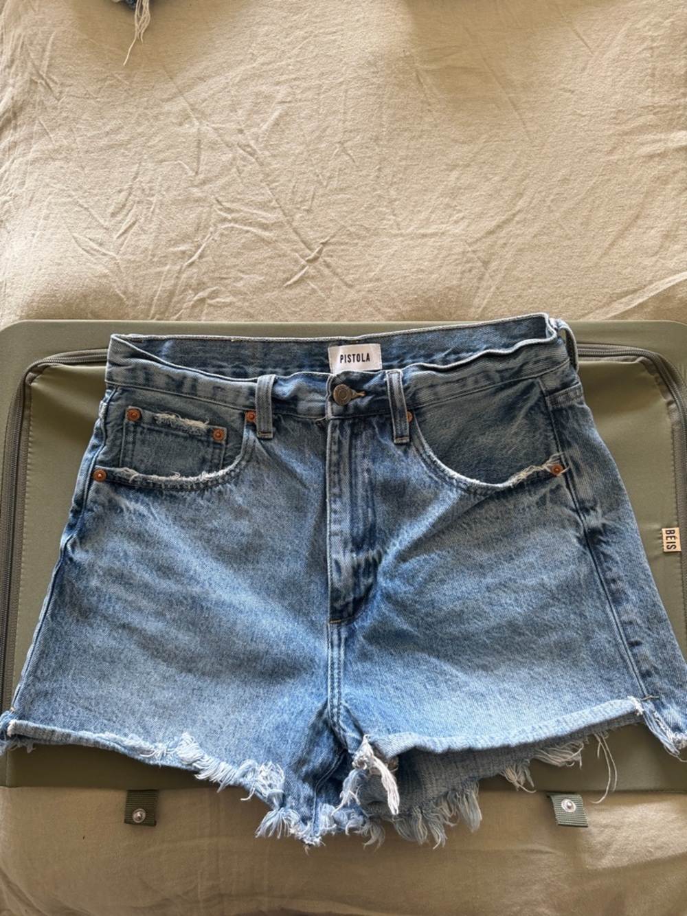 pistola Light Blue High-Rise Frayed Denim Shorts